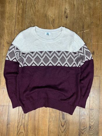 Pull maille style vintage coton motifs bordeaux blanc noir XL