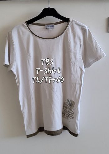 TBS T-Shirt TL/TFr40-Blanc & Détail Beige- Manche Courte 100%Coton en TBE