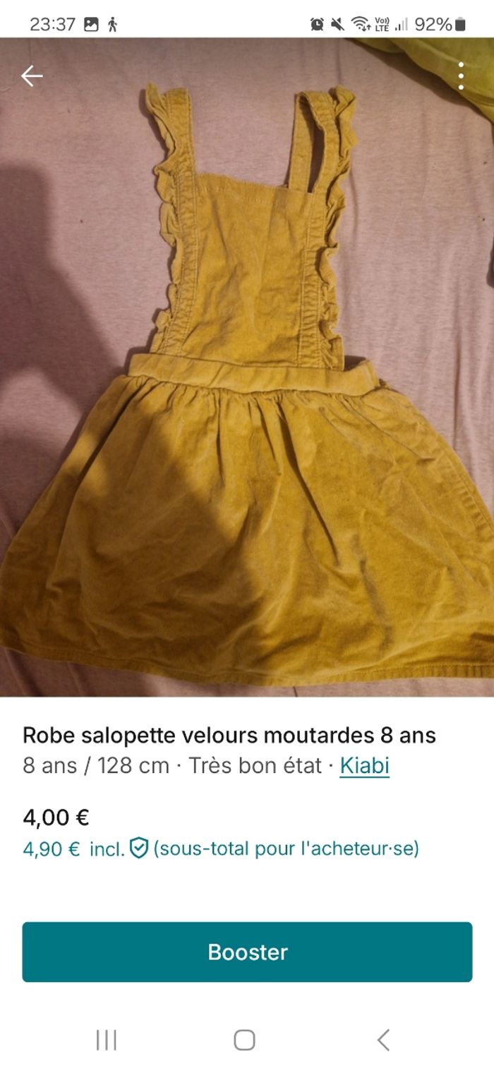 Robe salopette velours moutardes 8 ans