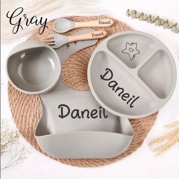 Ensemble vaisselle pour bébé à personnaliser Gris Neuf