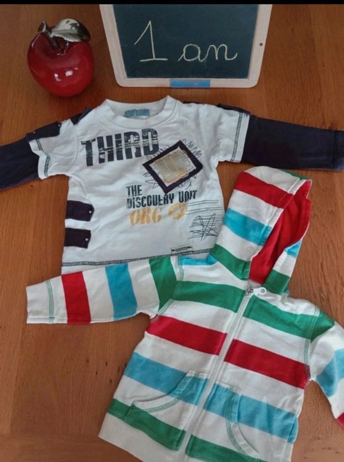 Lot de 1 t-shirt manches longues et 1 veste à capuche zippée taille 1 an en très bon état