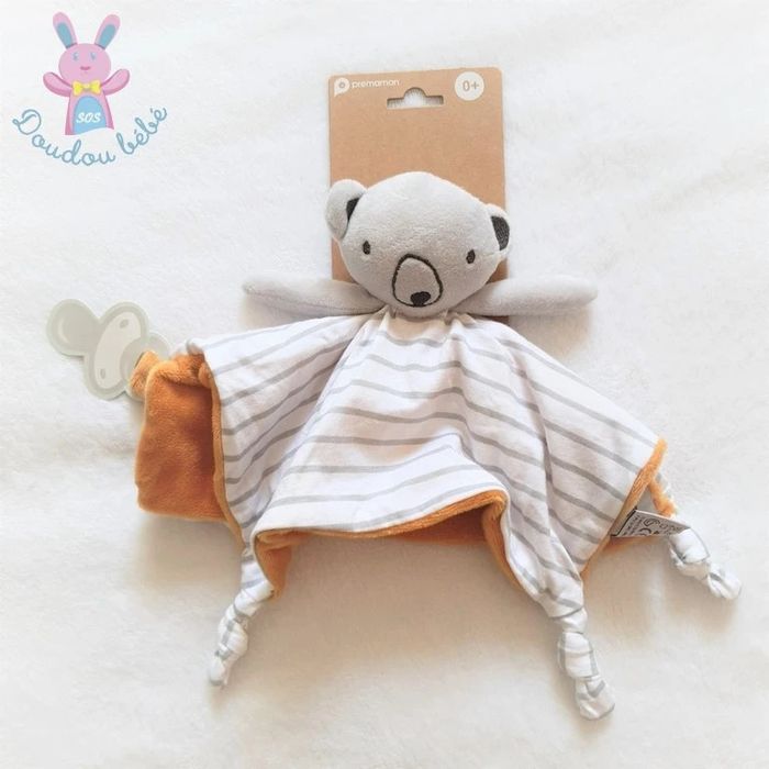 Doudou plat Ours rayé gris blanc moutarde Prémaman Orchestra