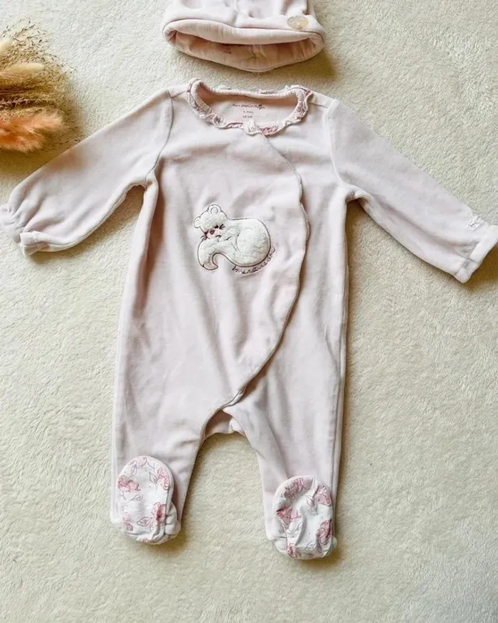 Pyjama en velours rose + bonnet 6 mois - Sergent Major 🩷 - photo numéro 2