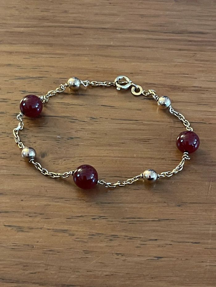 Bracelet doré vintage avec perles dorées et pierres rouges L: 18,5 cm - photo numéro 3