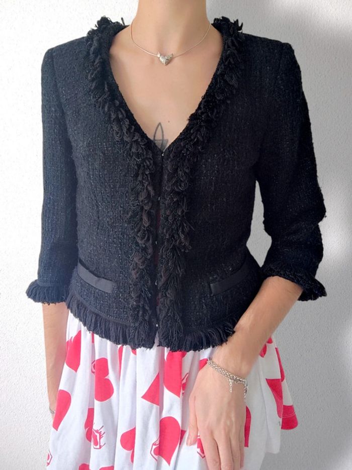 Veste blazer tweed froufrou noir fil argent laine Vintage / Apart - 34/XS ร 36/S - photo numรฉro 2