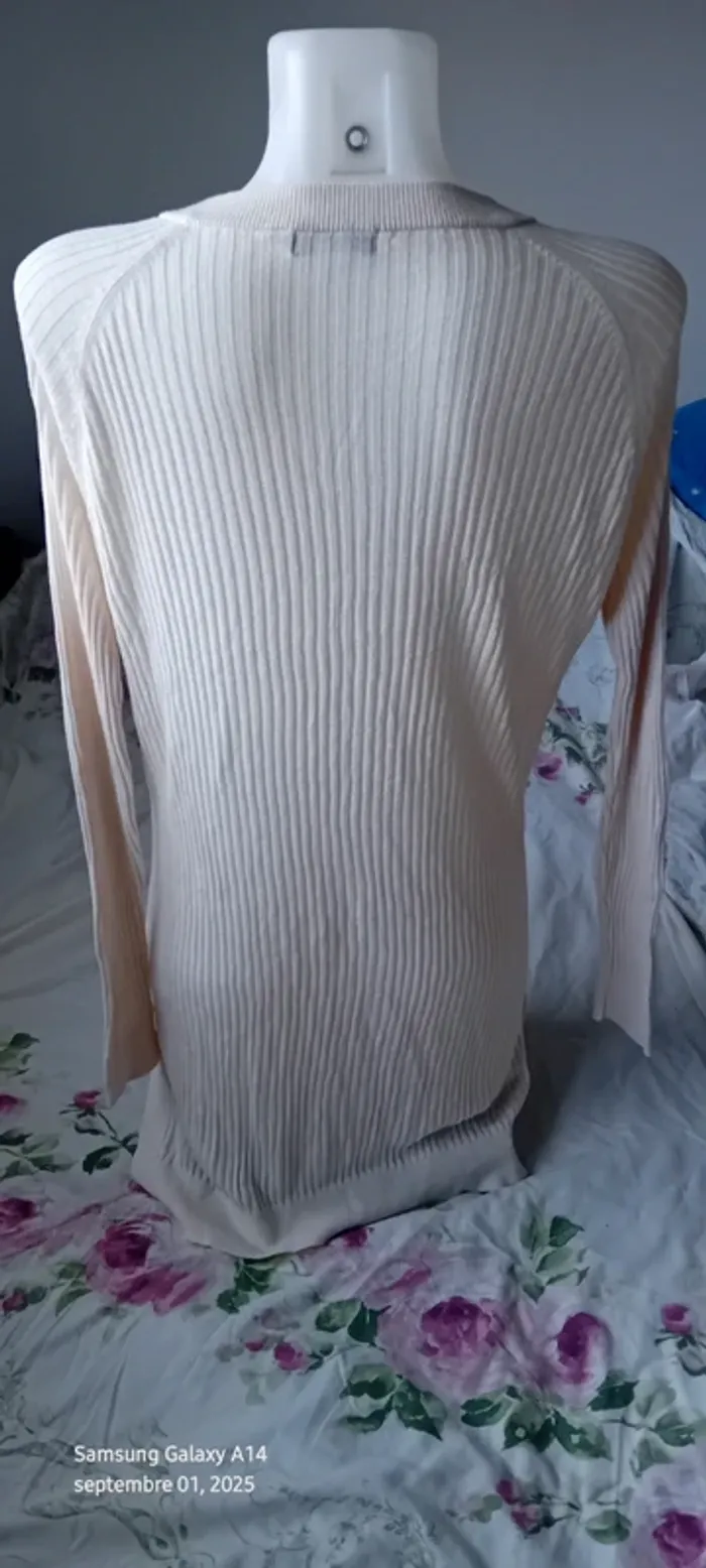 Pull tunique long léger col V manches longues maille côtelée crème femme L la redoute - photo numéro 9