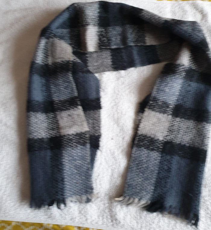 Écharpe homme  gris bleu quadrillée – Lainage