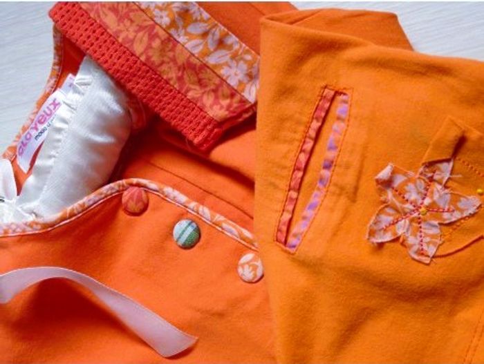 t-shirt fille 6 ans clyeux coton orange patchwork MC TBE
