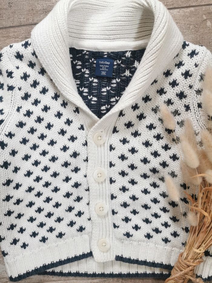 🌺Gilet veste Baby Gap 18mois grosse maille bleu marine blanc ecru bébé garçon - photo numéro 4