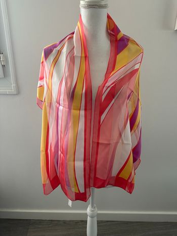 Foulard étole bariolée rose corail jaune violet Vintage 40x160cm