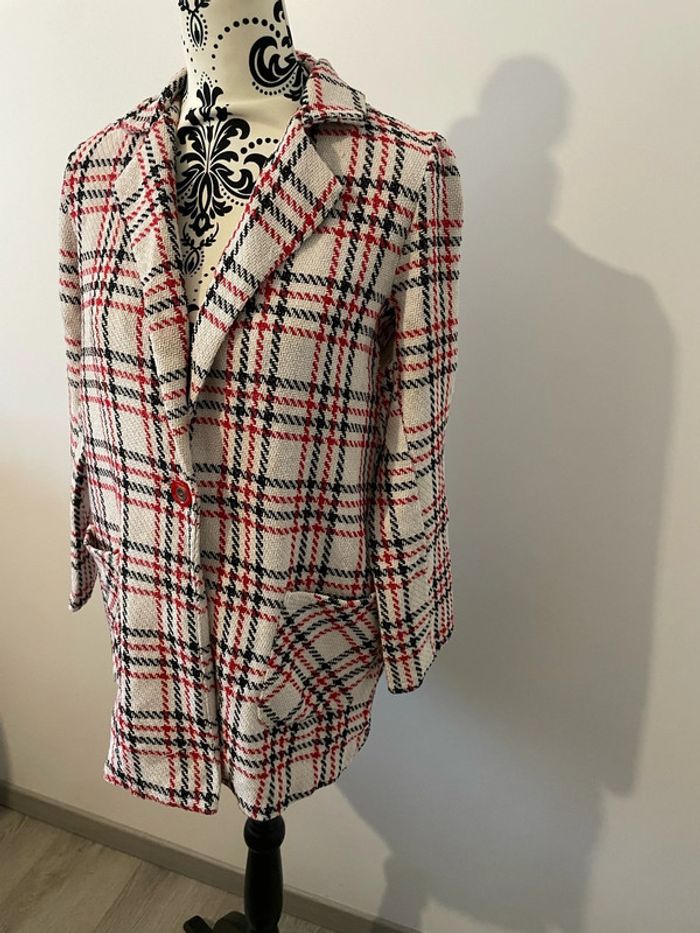 Veste blazer oversize à manches longues à carreaux blanc cassé rouge et noir Johanna Paris taille M - photo numéro 3