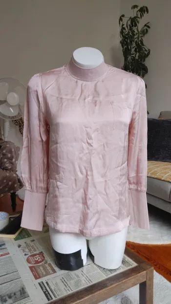Blouse col haut manches longues viscose rose