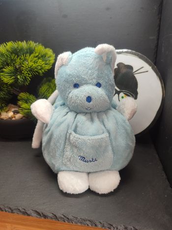  peluche Doudou ours boule Musti mustela écharpe bleu blanc poche PE0165