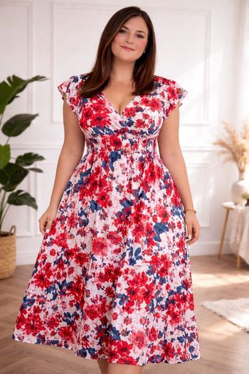 Robe longue évasion fleurie symphonique rouge et bleue Femme taille 54 marque MinoDuSud 💍 