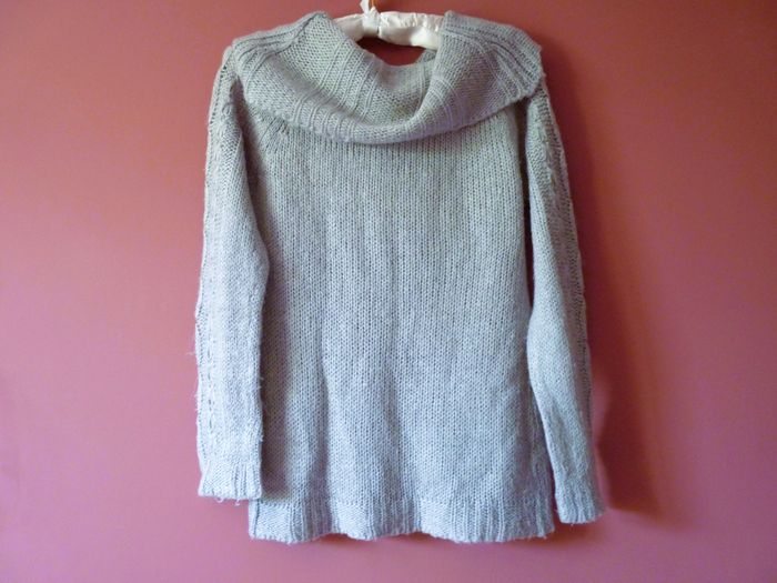 Pull femme gris clair S 36 col châle manches longues TBE - photo numéro 3