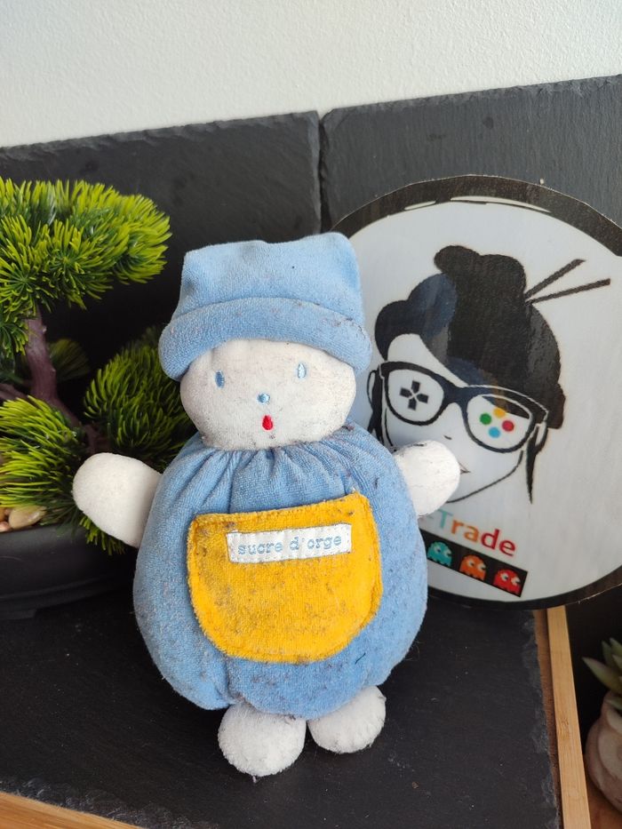 Peluche boule lutin bleu blanc jaune sucre d'orge ancien bonnet poche DD003941