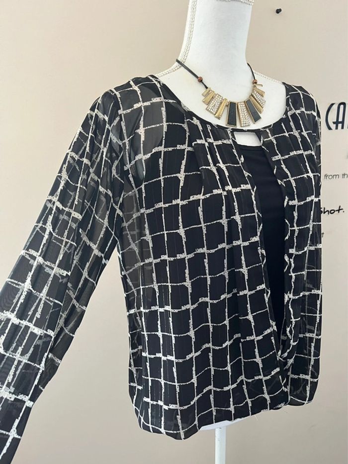 Jolie blouse manches longues en voile noir et or chic avec top bretelles noir 42 comme neuve - photo numéro 4