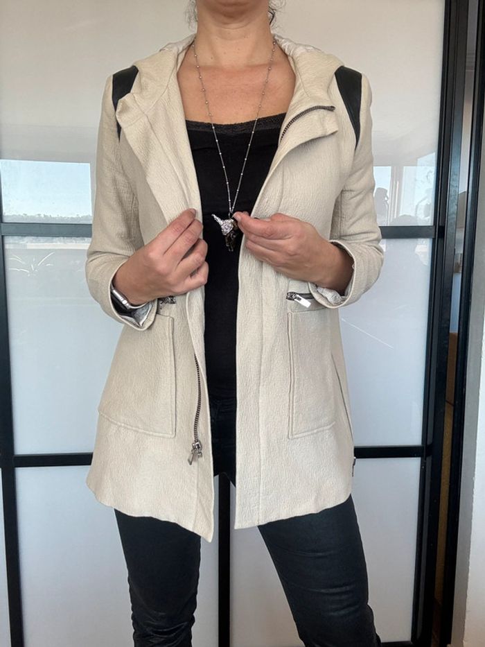 Magnifique manteau à capuche empiècements cuir Maje 40 - photo numéro 3