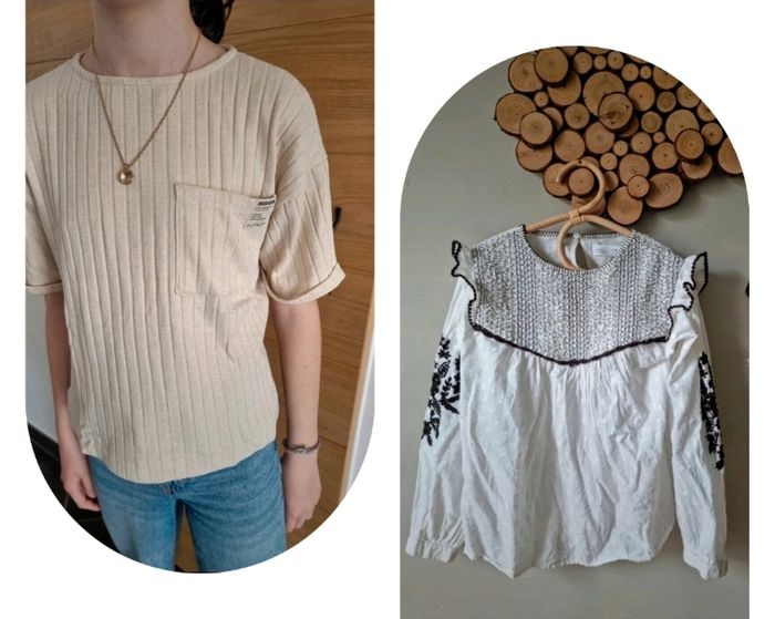 Tee shirt beige et blouse romantique 
Zara
Taille 9 ans - 134 cm
Excellent état