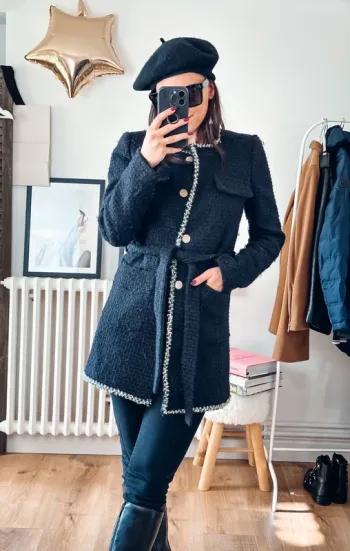 Manteau Claudie Pierlot noir tweed détails contrastés T36