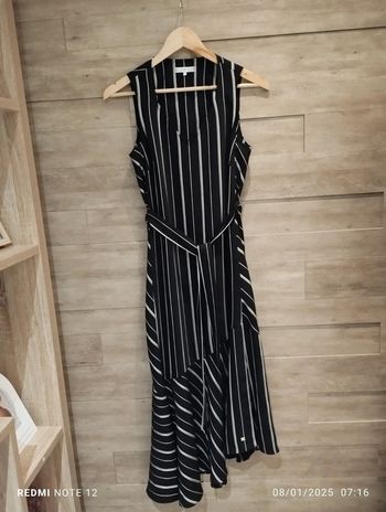 Robe asymétrique Tommy Hilfiger noir blanc rayures ceinture T6