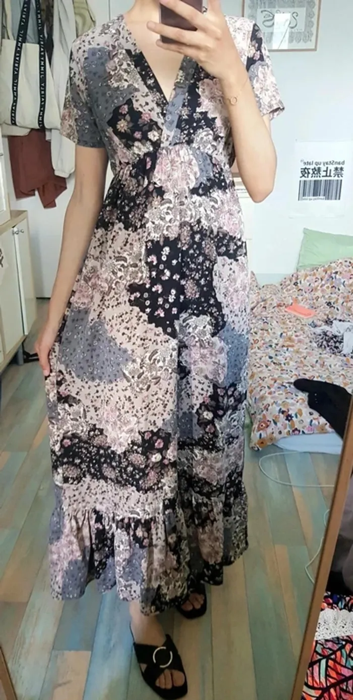 Robe longue patchwork fleurie marine beige rose TU