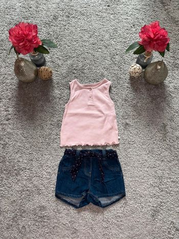 🌺Ensemble t-shirt rose sans manche et short en jeans avec ceinture Taille 12mois/74cm🌺