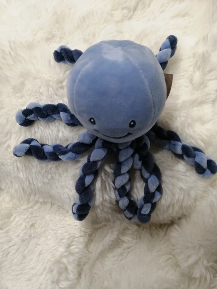 Doudou pieuvre octopus bleu clair et bleu marine tentacules torsades 22 cm - photo numéro 2