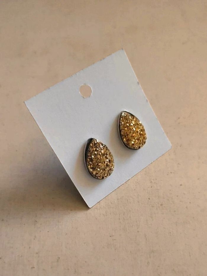 Boucles puces d'oreilles goutte strass or inox 🇨🇵 Fabrication Artisanale - Ø 12mm - photo numéro 2