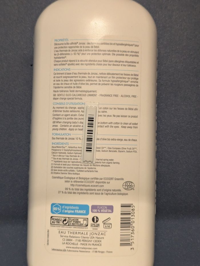 Liniment doux oleo care Jonzac  bébé bio 1 litre neuf - photo numéro 2