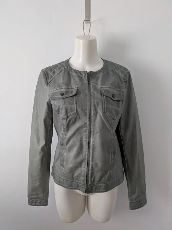 Veste zippée en simili cuir vert/gris - Bonobo - taille M