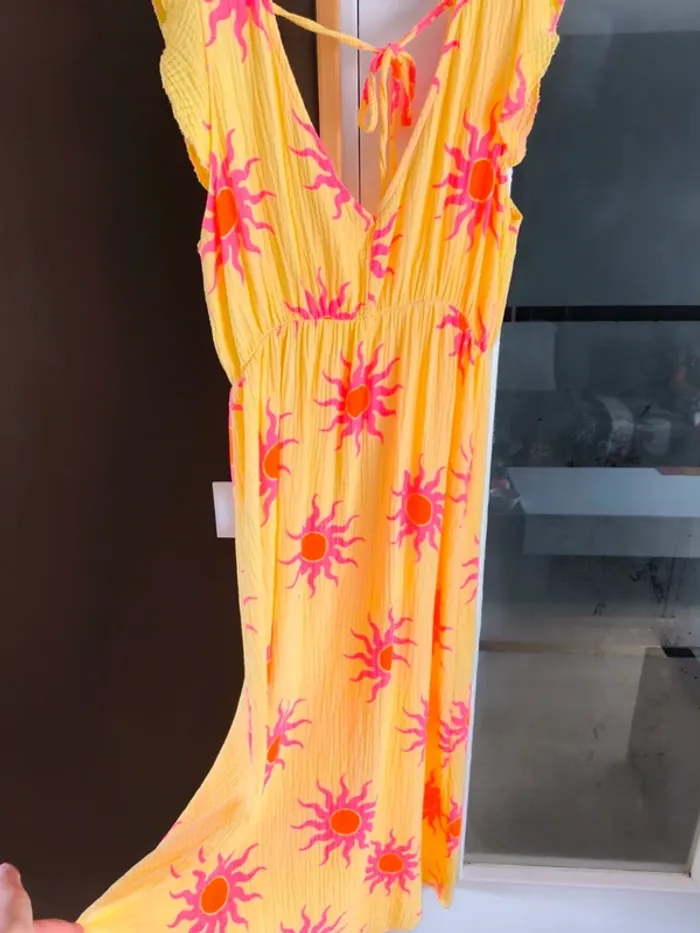 Robe longue été jaune et rose gaz de coton imprimé soleil TU 36 à 42 - photo numéro 3