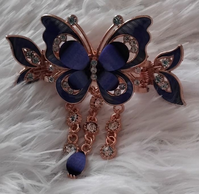 Barette a cheveux dorée - papillon bleu et pierre 0