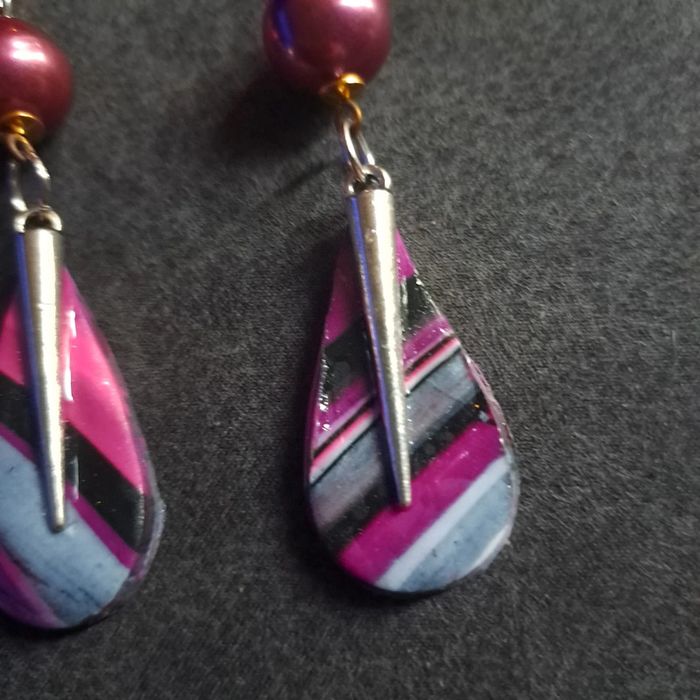 Boucles d'oreilles pendante rose et gris - photo numéro 9