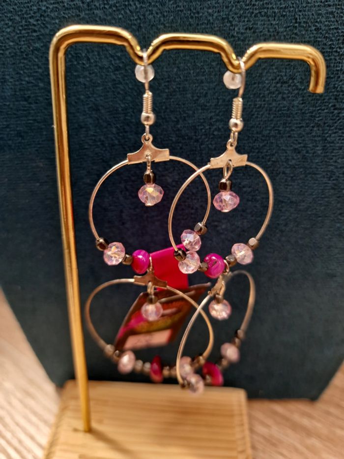 Boucles D'oreilles Creoles Pendantes Argentées Perles De Verre Hematite Coquillages - photo numéro 7