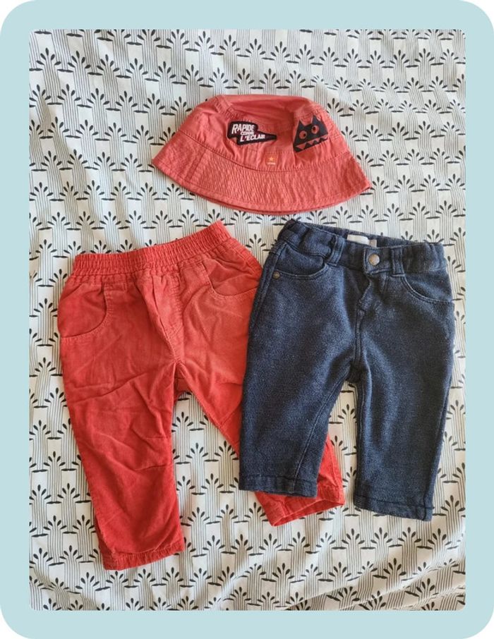 Lot pantalons + bob bébé 6mois Catimini