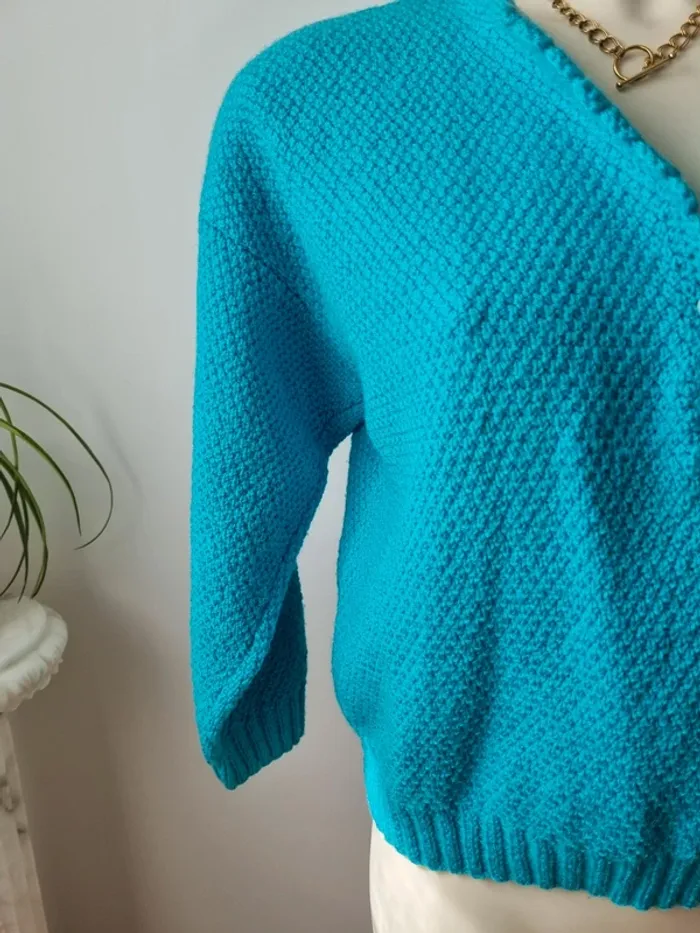 Pull turquoise tricoté vintage - photo numéro 8
