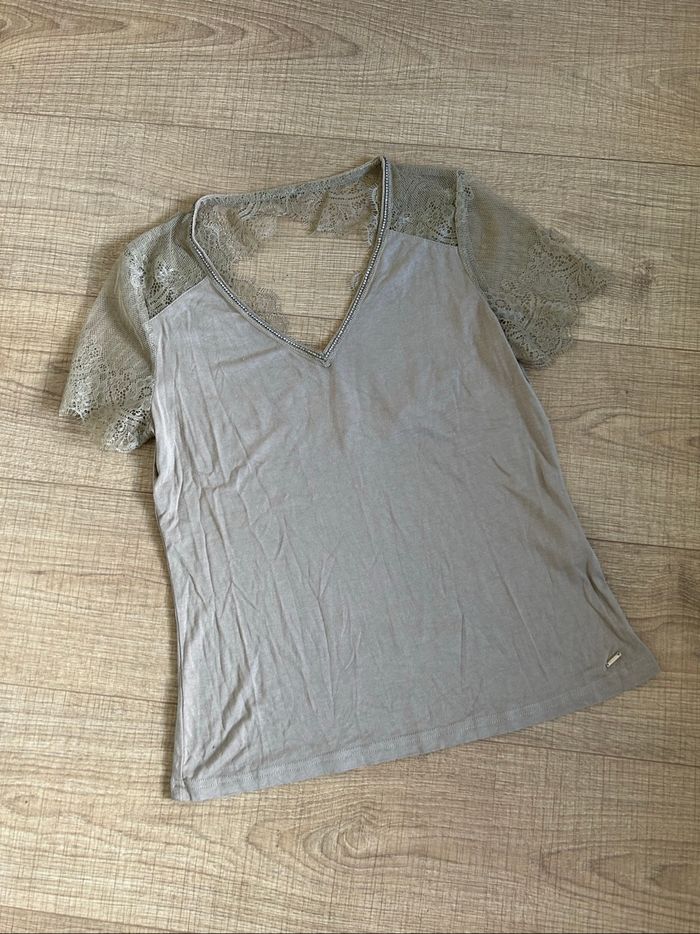Teeshirt beige kaki avec dentelle Morgan taille S TBE - photo numéro 7
