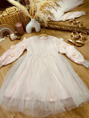 Taille 8 ans robe à manches longues cérémonie fille rose pale * fleurs broderie tulle * 💕