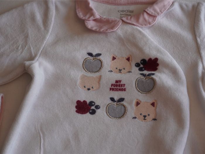 Lot n°6 de 2 Pyjamas velours blancs/roses fantaisies Obaibi en 3 mois - photo numéro 3
