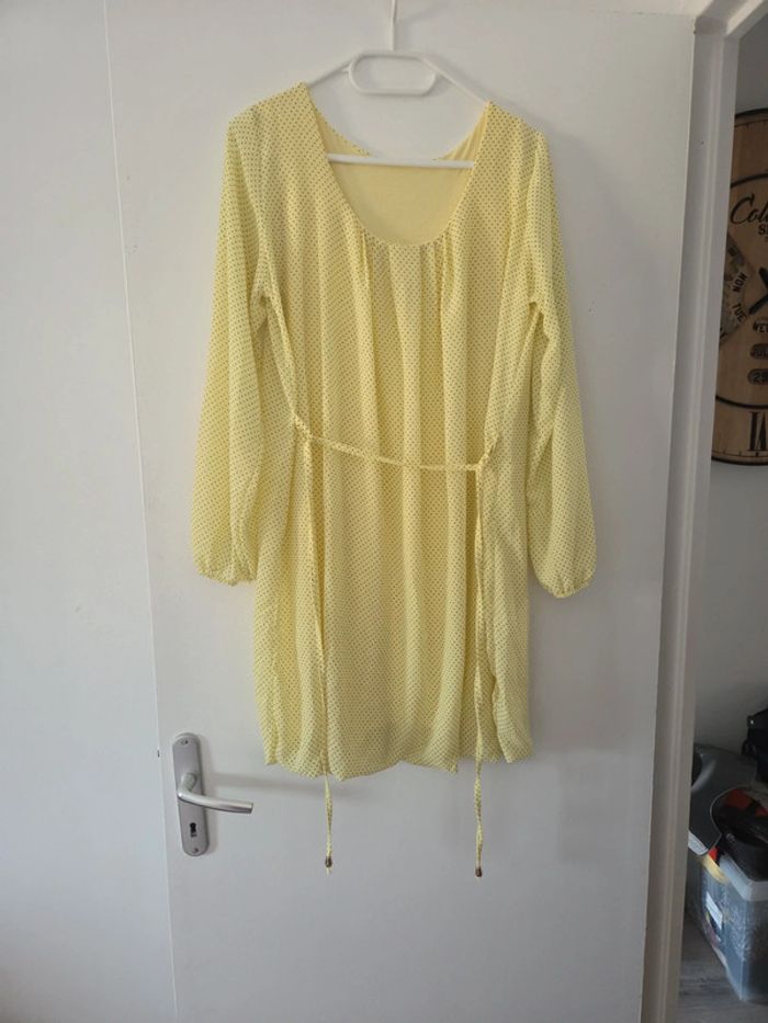 Tunique femme fluide à ceinture jaune motifs pois TBE taille 2