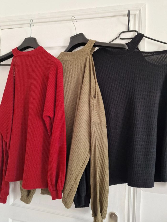 Top maille gaufrée rouge cerise/noir/olive - photo numéro 5