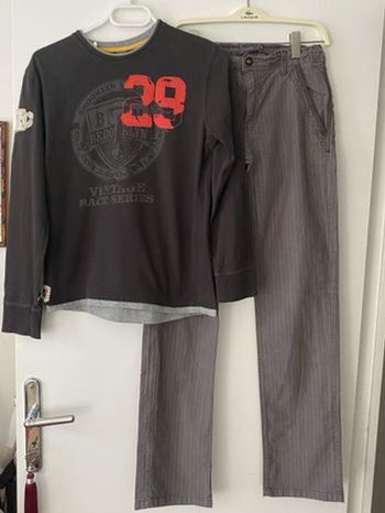 ZARA pantalon gris à rayures blanches 13/14 ans + t-shirt manches longues 11/12 ans