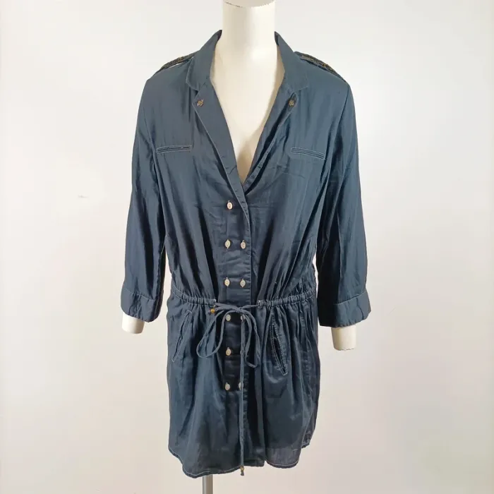 Robe-chemise bleu nuit I.Code 100% coton, manches 3/4, détails dorés élégants A1570