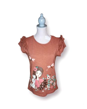 T shirt marron manches froufrous dentellées motifs pailletés fleurs 3D C&A taille 10 ans