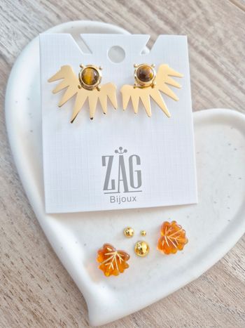 Boucles d'oreilles dorées et œil de tigre Zag