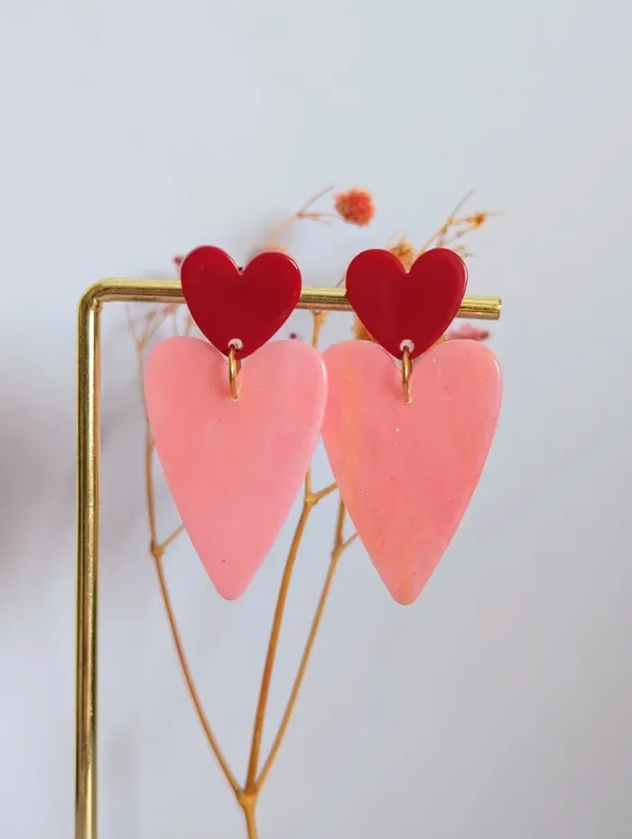 Boucles d'oreilles pendantes double coeur bicolore rose rouge