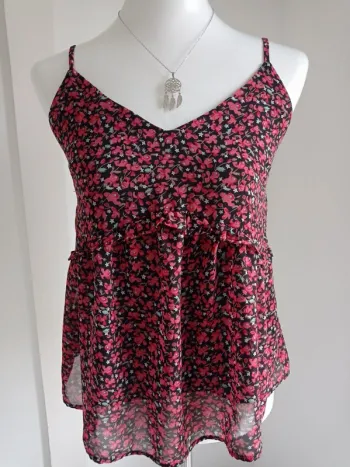 Haut débardeur blouse noir, rouge et vert d'eau forme trapèze imprimé fantaisie fleurs T.L Mod style
