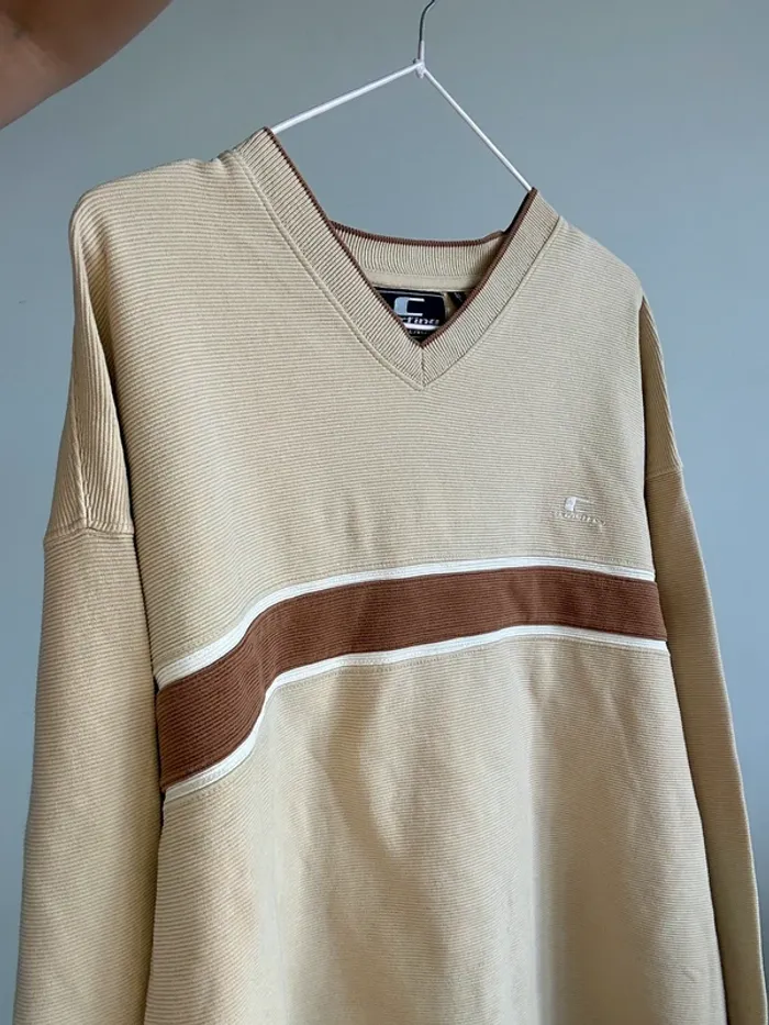 Pull sweat y2k beige et marron col V taille L - photo numéro 4