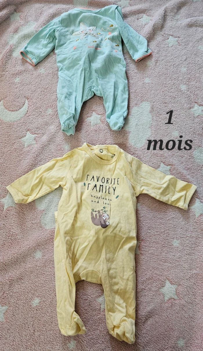 Lot 2 pyjamas 1 mois Kiabi, 100% coton